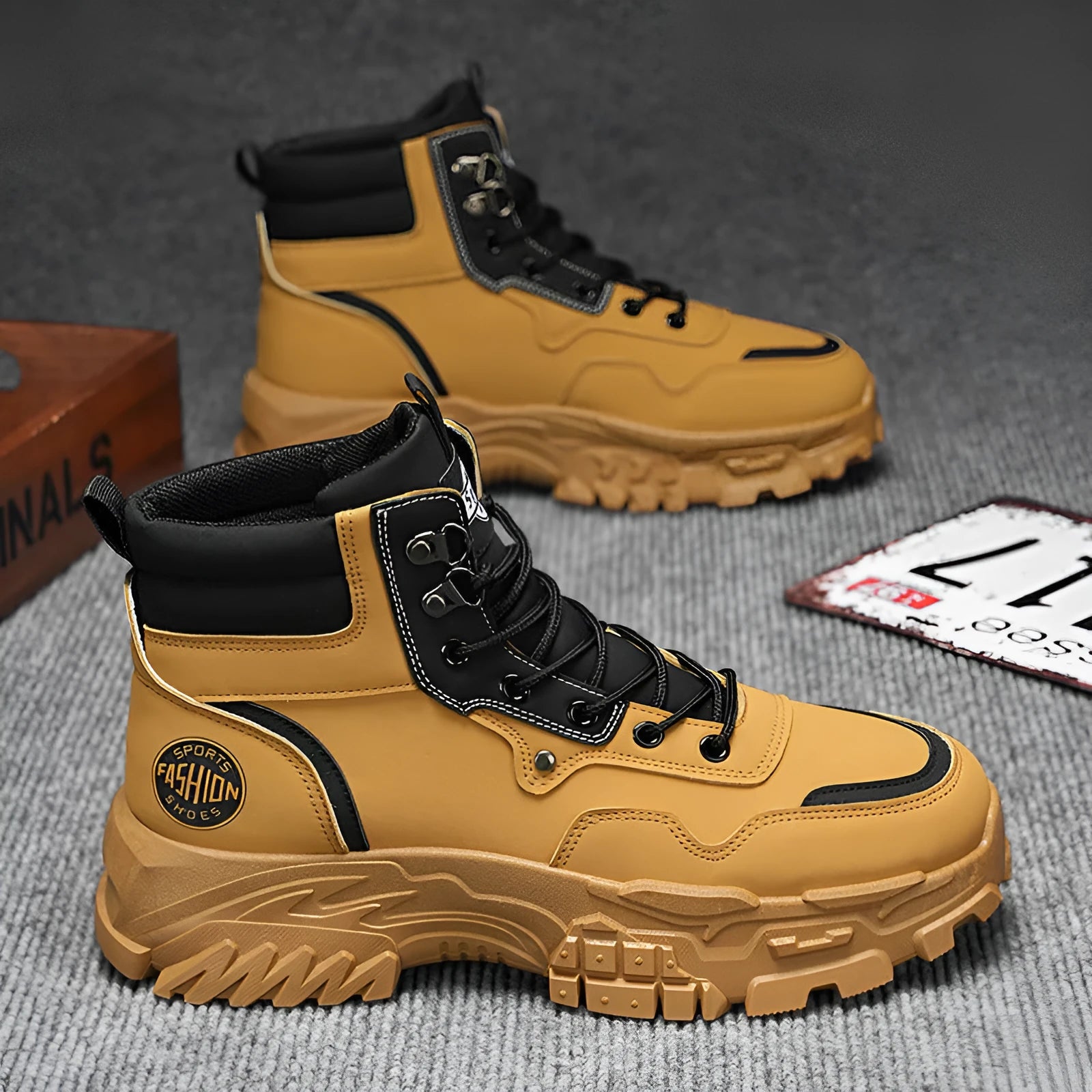 Men's black and yellow Martin work boots with artificial PU upper and mid-calf height