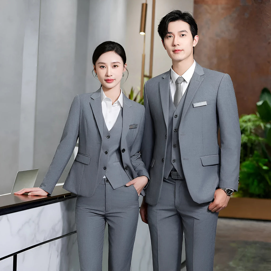 Unisex polyester work suit set with long sleeve jacket and trousers in black, front view