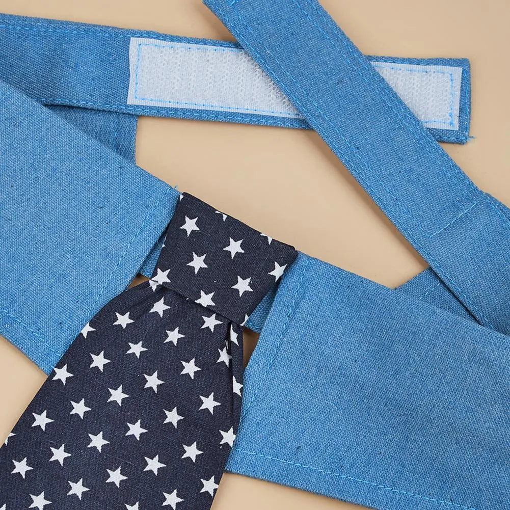 Denim dog collar with star pattern design showing adjustable fastener tape and bow/tie style options