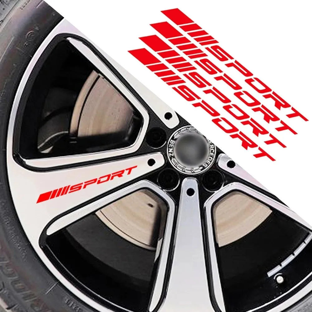 Black hollow design sports car rim sticker measuring 10cm by 0.7cm on an alloy wheel.