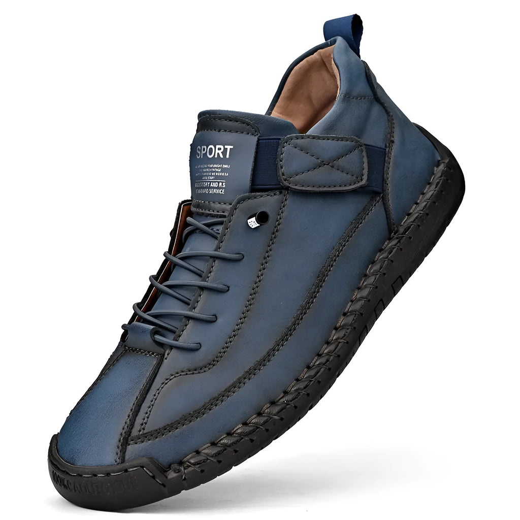 Men's mid-top Martin boot in khaki with visible stitching, on a flat rubber sole.