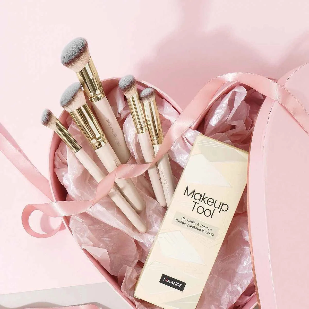 Five apricot makeup brushes with angled blush brush for cheekbone contouring