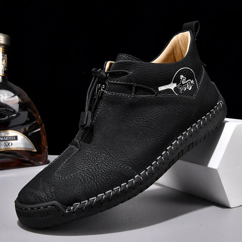 Men's casual leather shoes with mid heels in black, blue, green, or khaki colours