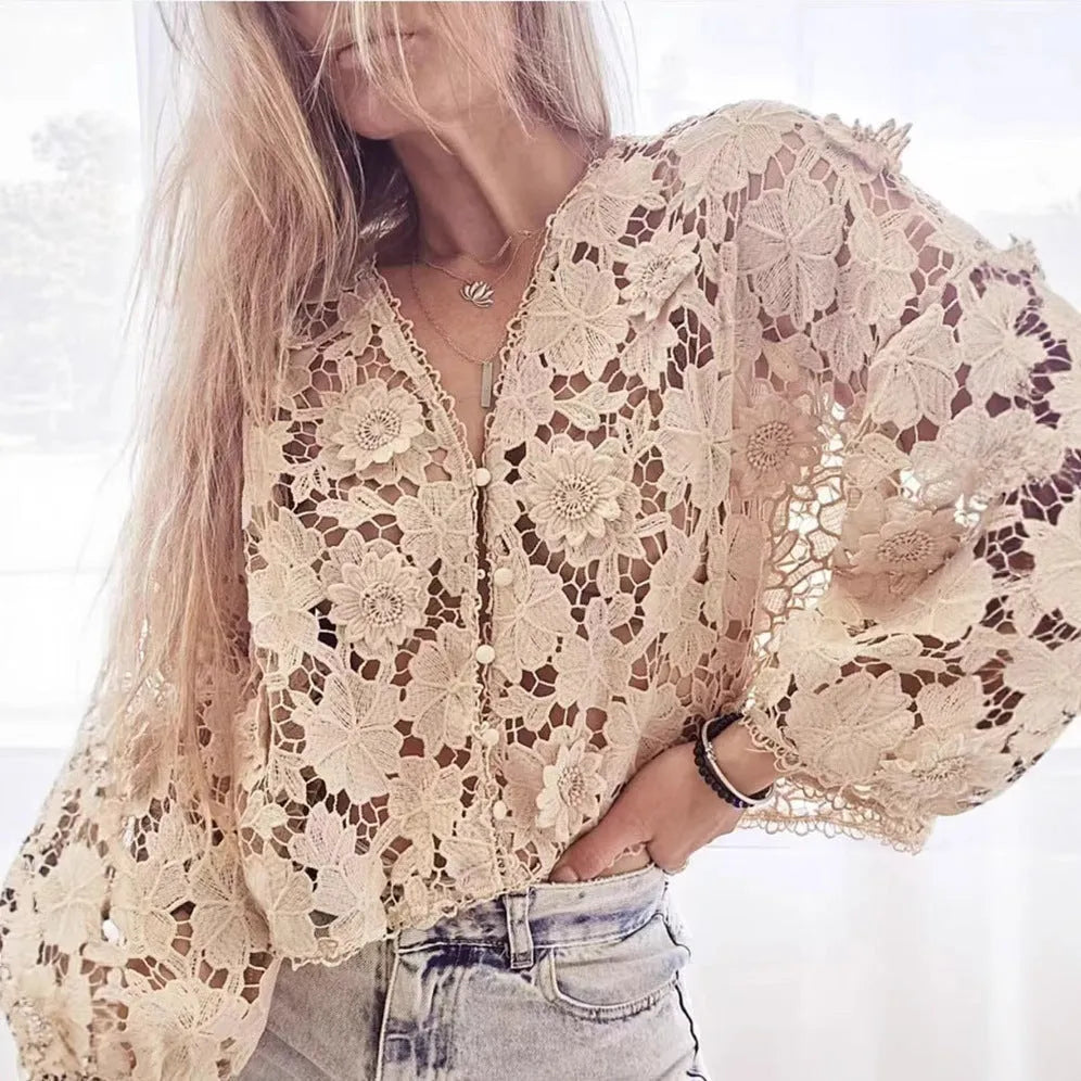 Women's black lace cardigan with three-dimensional floral decoration and V-neck design
