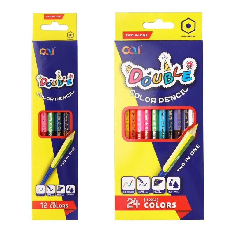 Set of wooden double-head colour pencils showing both pencil tip and brush-style colour lead tip.