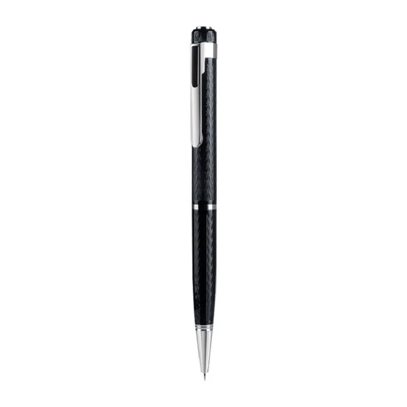 Black pen-shaped audio recorder with zinc alloy body, shown next to its included headset and data cable.