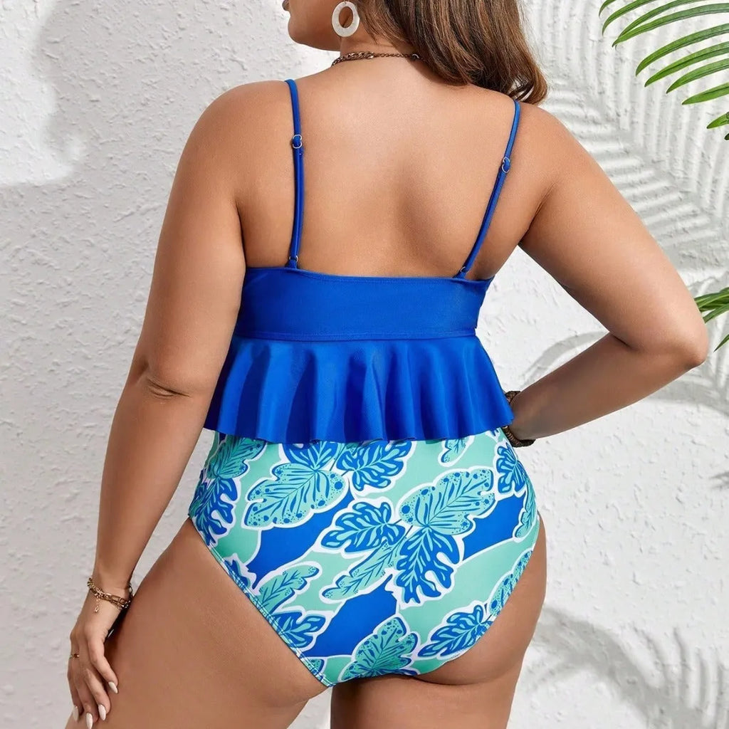 Blue polyester women's bikini swimsuit set with briefs shorts, sizes 0XL to 4XL
