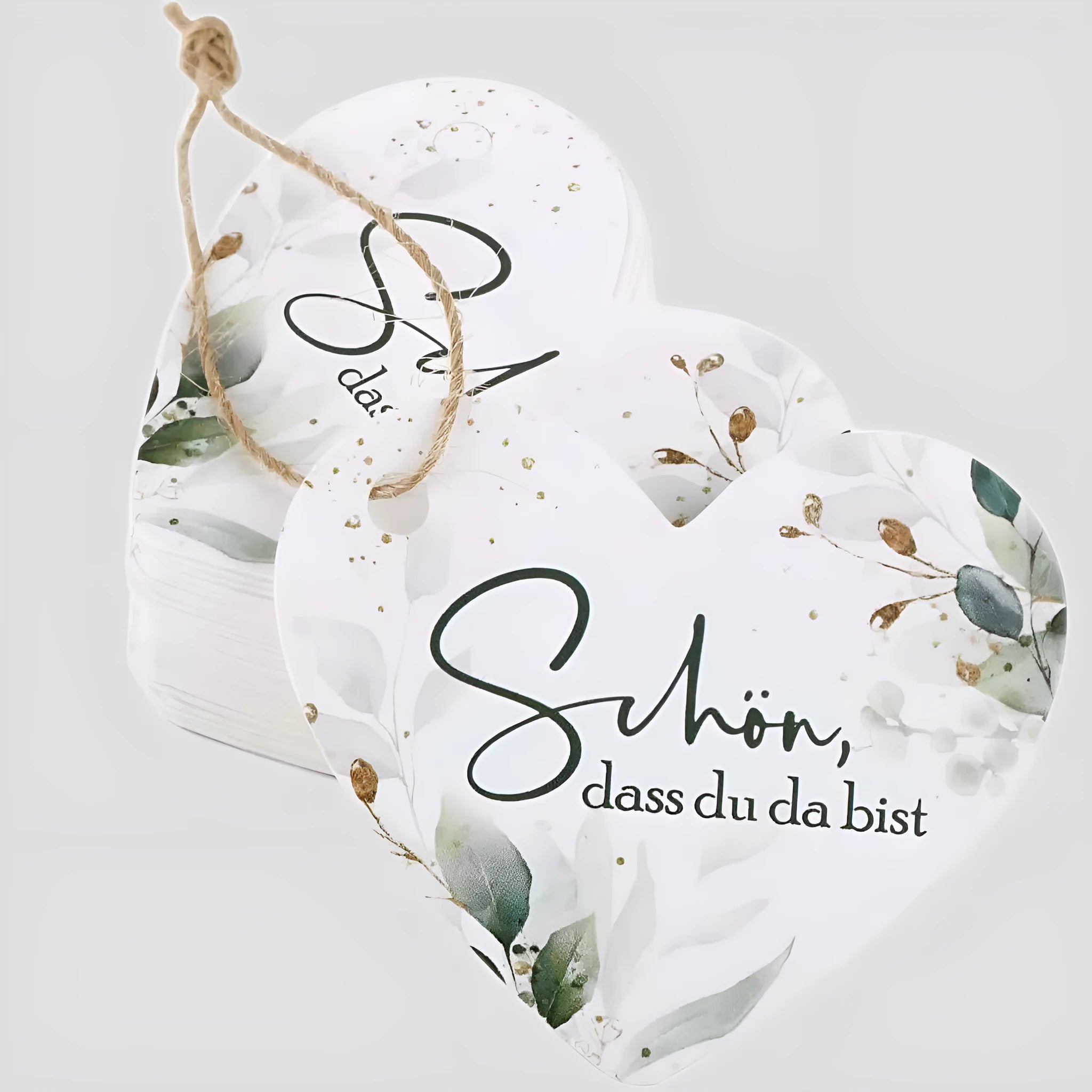 Set of 50 flower heart-shaped paper gift tags in two colour styles, showing half-handmade craft detail.