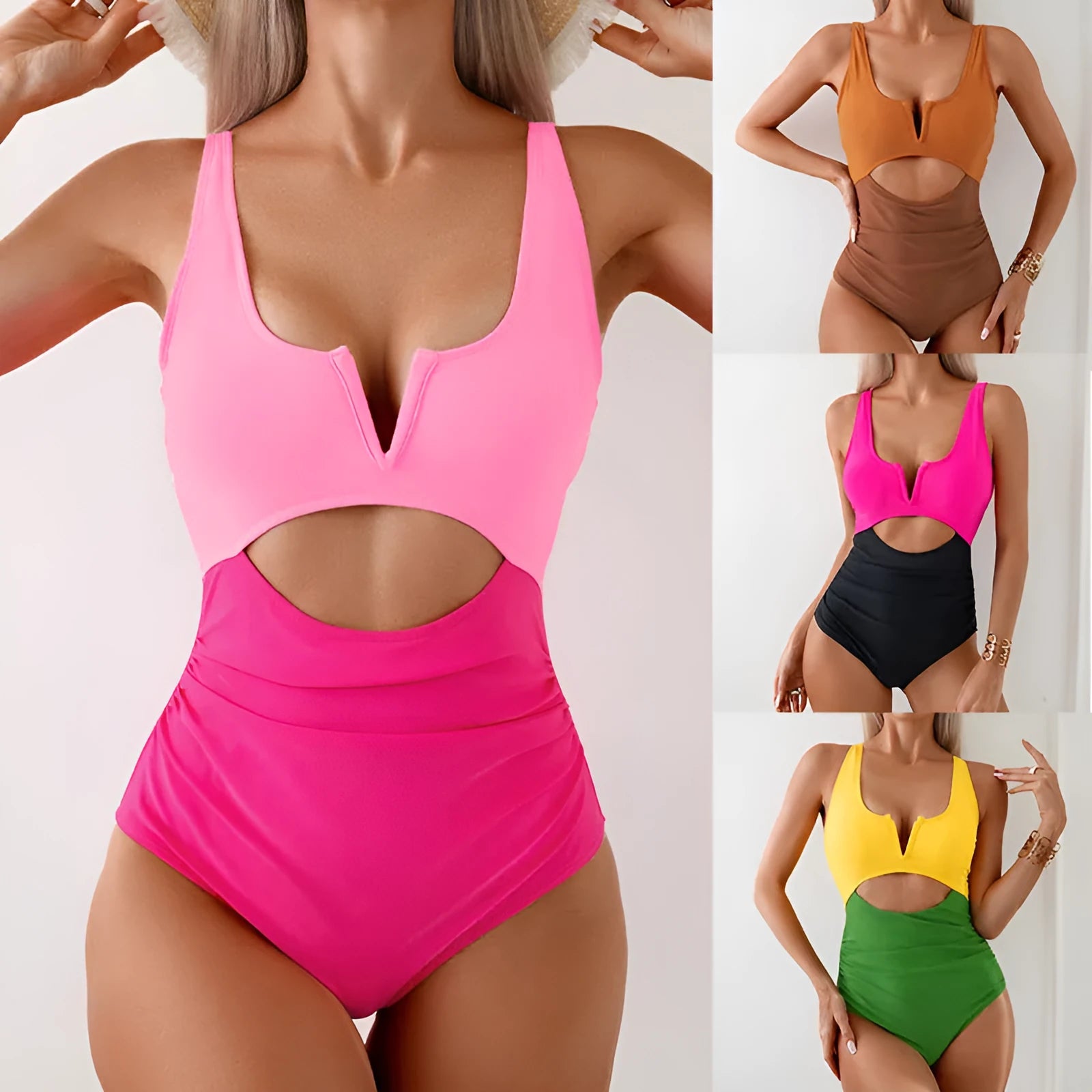 Women's one-piece swimsuit in a colour block pattern, shown in green, on a mannequin.