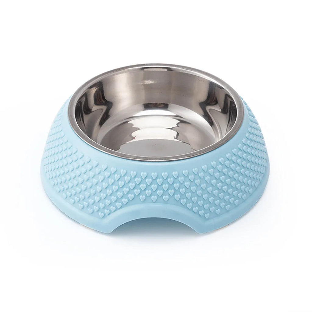 Blue stainless steel pet bowl with non-slip base for cats and dogs on a floor