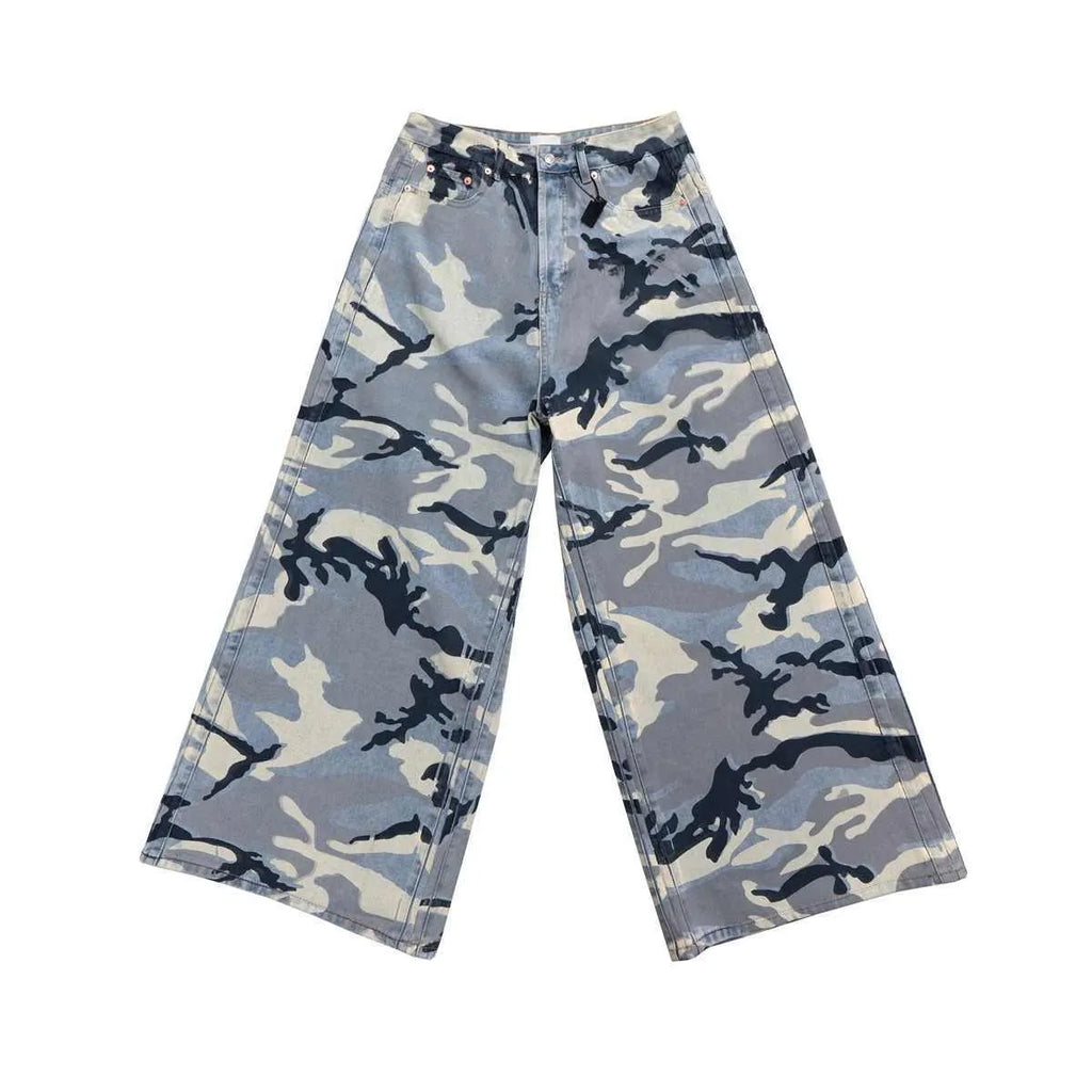 Snow camouflage blue jeans with loose fit trousers design and cotton elastic denim fabric