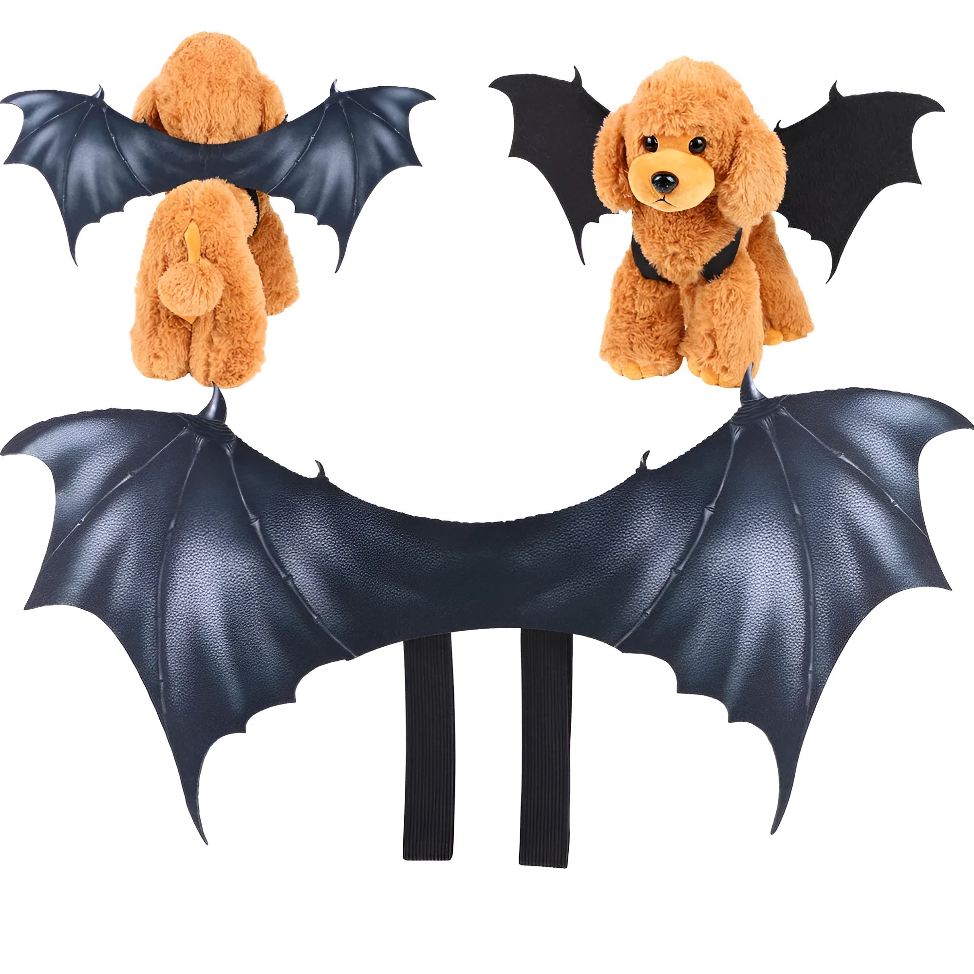 Black cloth bat wing Halloween costume for pets showing three size options for cats and dogs