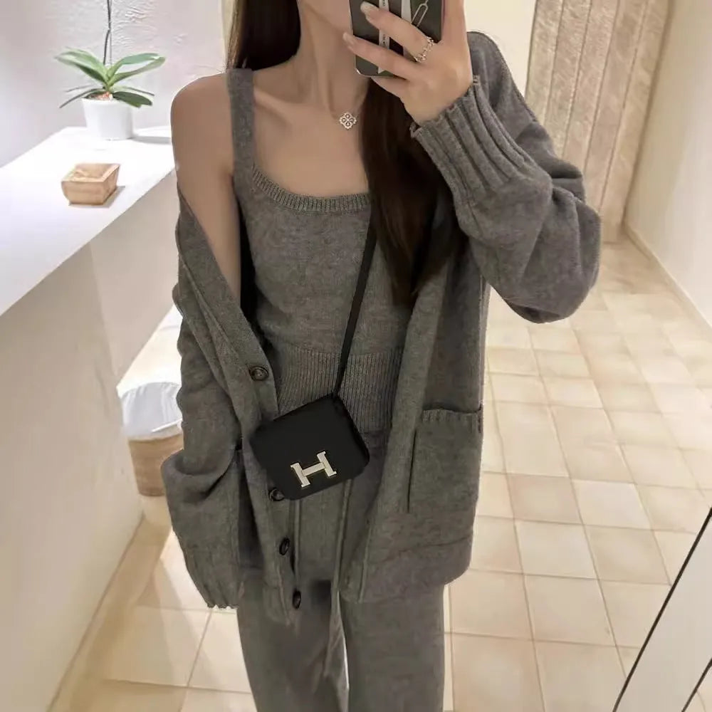Women's cardigan suspender pants three-piece set in loose Japanese Korean casual style