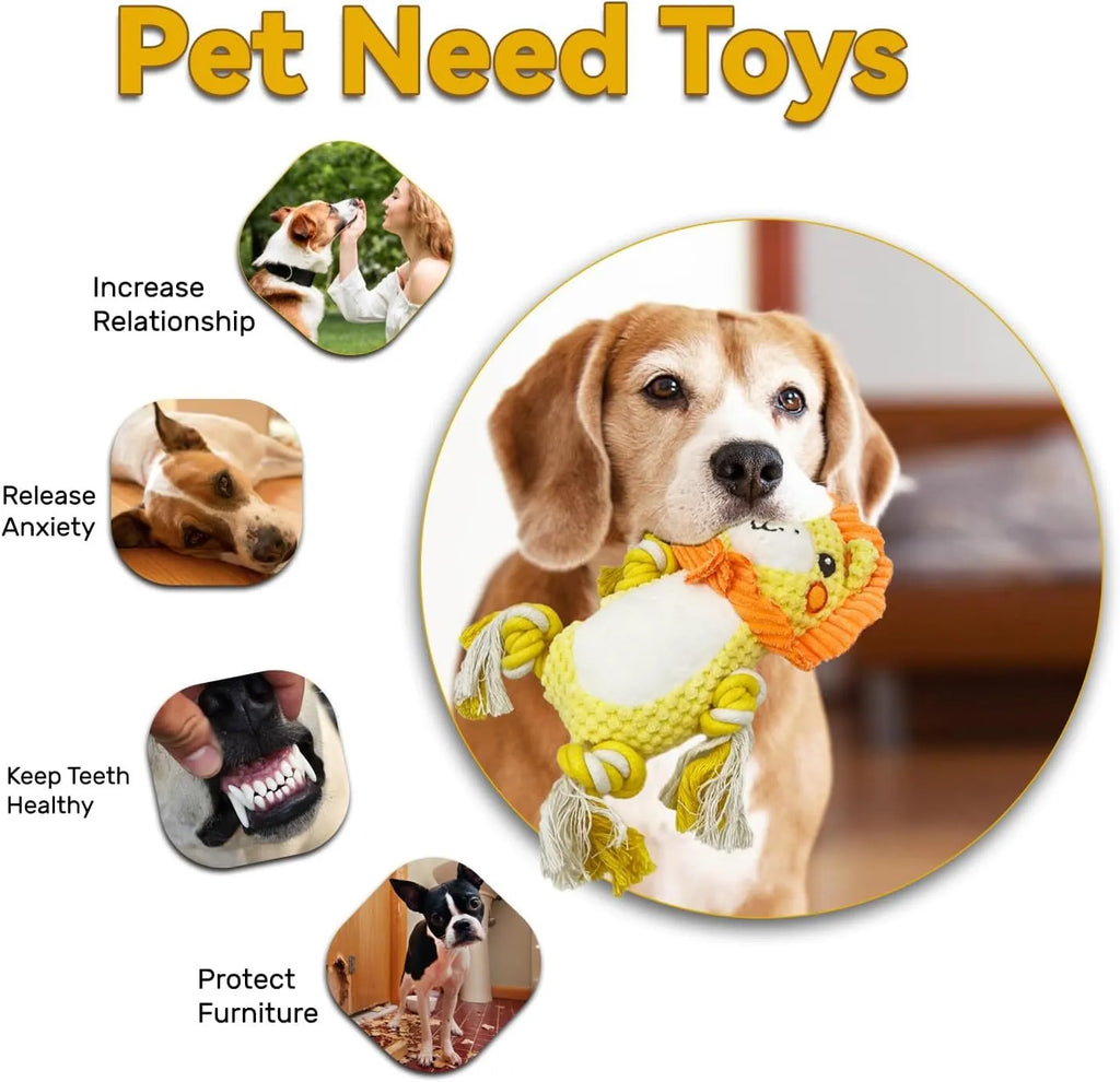 Plush squeaky dog toy assortment showing Lion and Monkey designs with stuffing-free construction