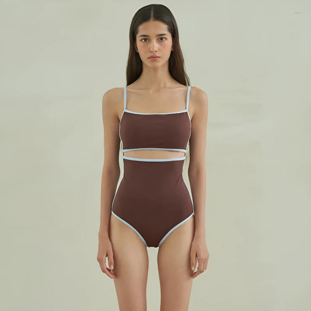 Brown triangle one-piece swimsuit for women on a hanger, showing sexy style and nylon fabric.