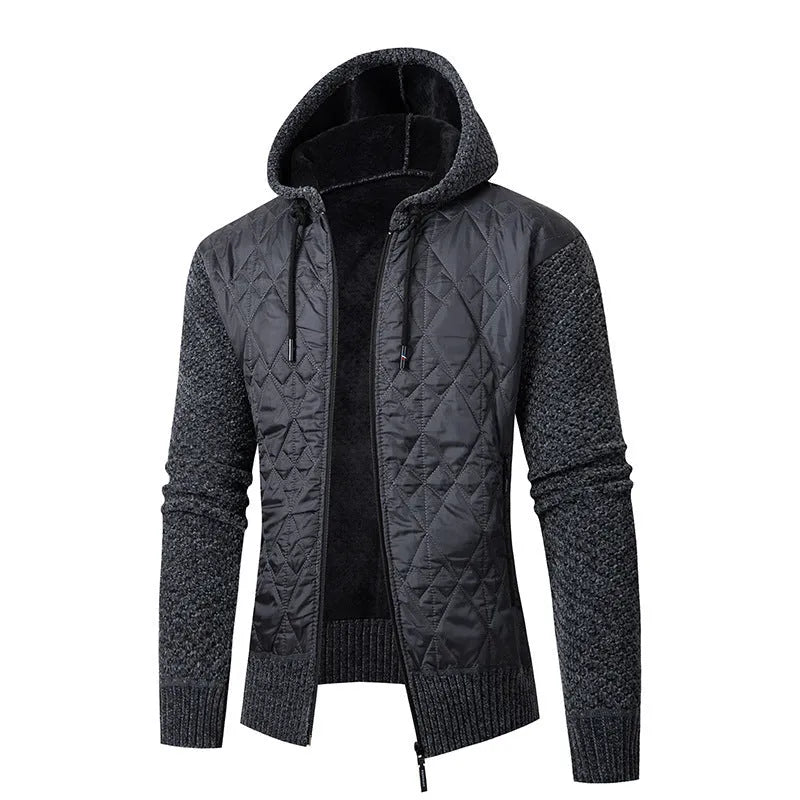 Men's grey corduroy hooded sweater coat with a cinched waist, shown front view.