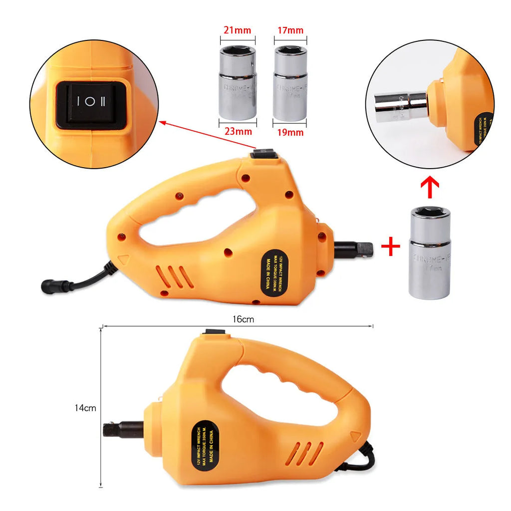 Yellow car electric jack set with electric wrench for vehicle maintenance