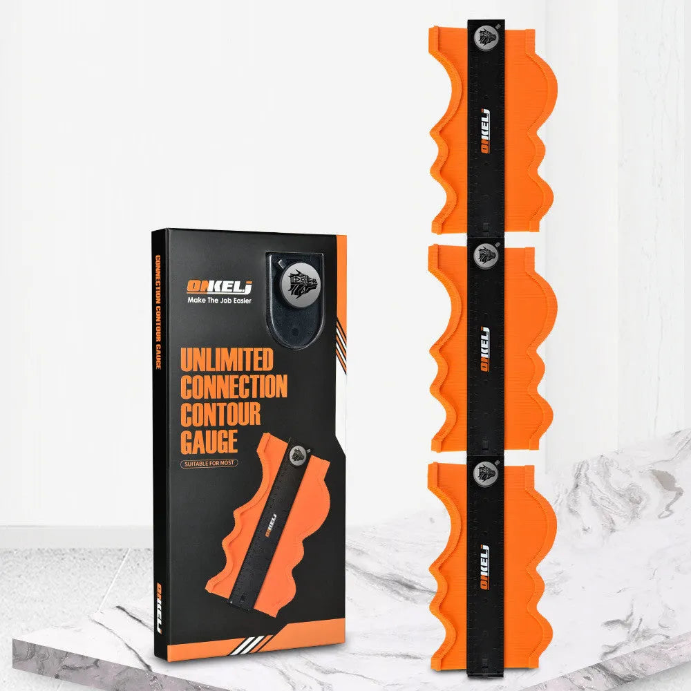 10-inch contour profile gauge with infinite stitching and lock, made of black ABS plastic and stainless steel pins.