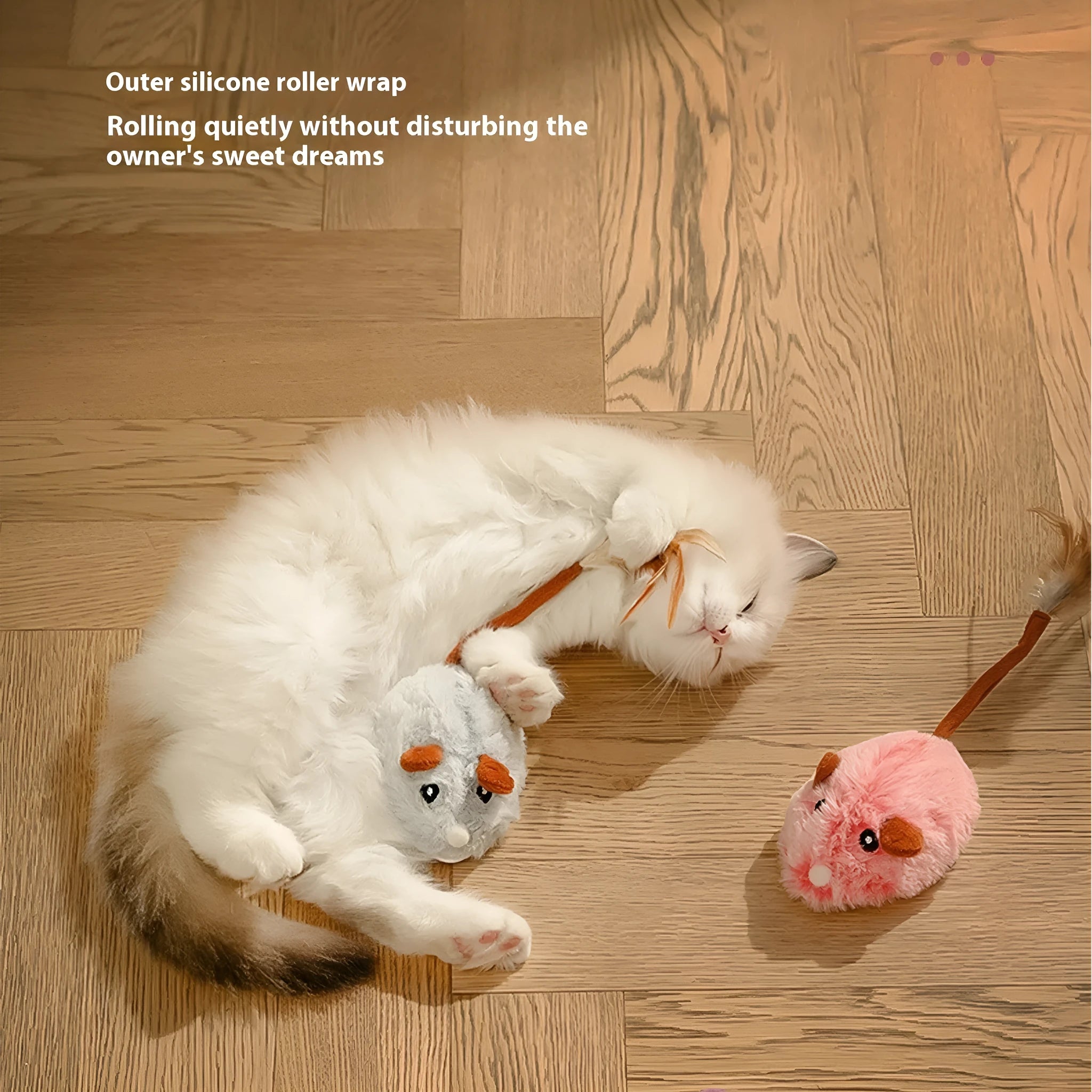 Electric cat toy with plush mouse on pole, available in dark grey, pink or purple colours