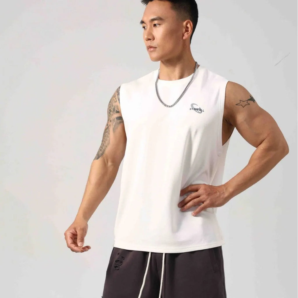 Men's loose grey cotton fitness vest with a hidden hook opening at the front.