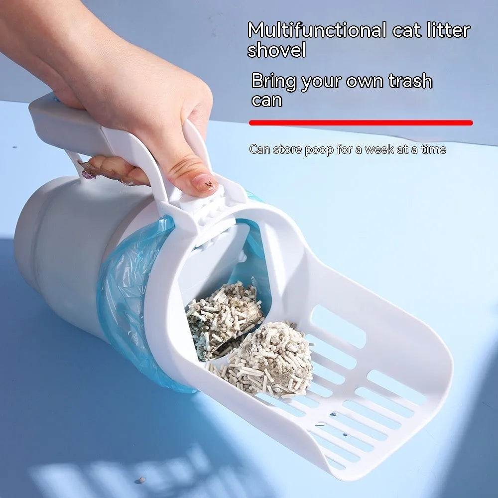 Grey foldable cat litter scoop with integrated waste bin and refill bags
