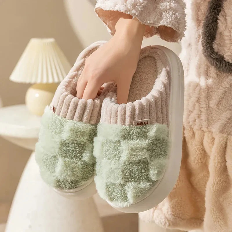 Plaid pattern women's plush indoor slippers with anti-slip soles in multiple colour options