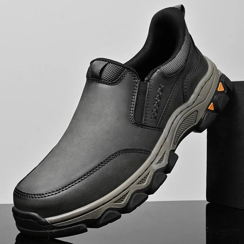 Men's dark brown casual leather-style shoes with round toe and flat rubber sole