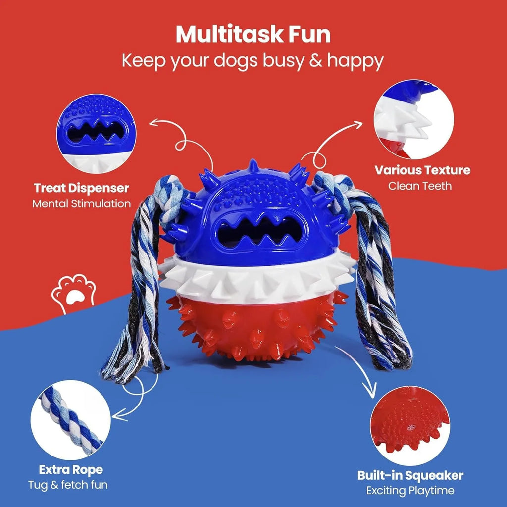Blue and red squeaky dog toy ball with treat dispenser hole for aggressive chewers