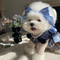 Princess style bow dog hair band with adjustable tension on blue polyester cotton ribbon