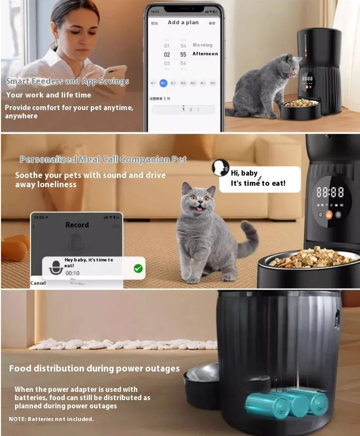 Black and white automatic intelligent pet feeder with digital display and food bowl.