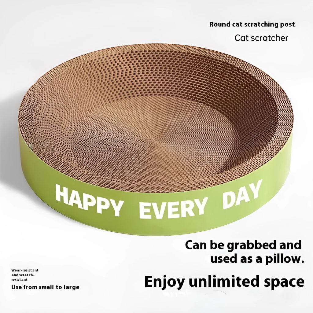 Green round scratching board cat nest showing integrated scratching surface and resting area
