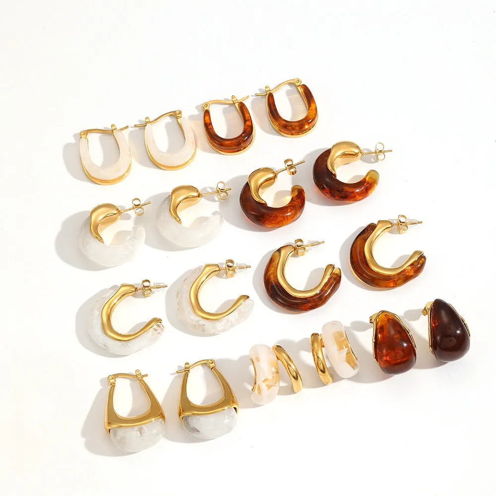 18K gold plated stainless steel hoop earring with amber resin detail, clip-on design, women's retro geometric style