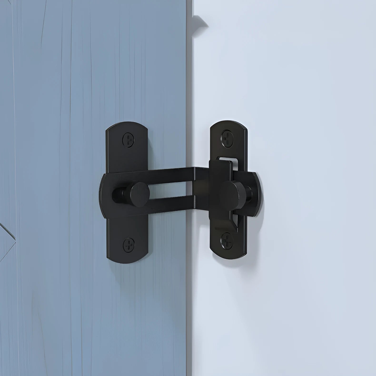 Black carbon steel and stainless steel sliding door lock with a 90-degree latch and flat shackle.