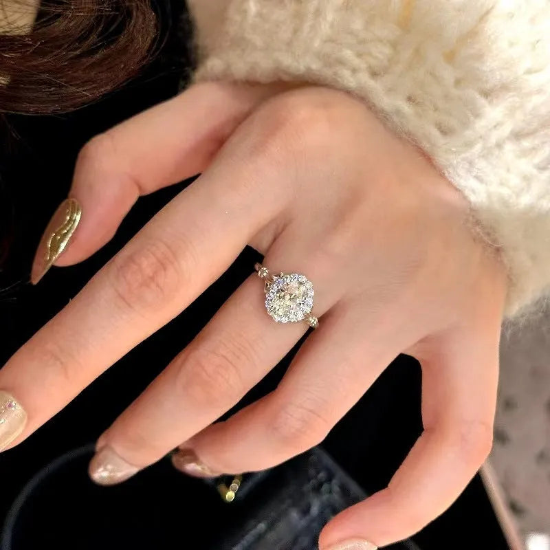 Silver geometric diamond ring with adjustable opening for women