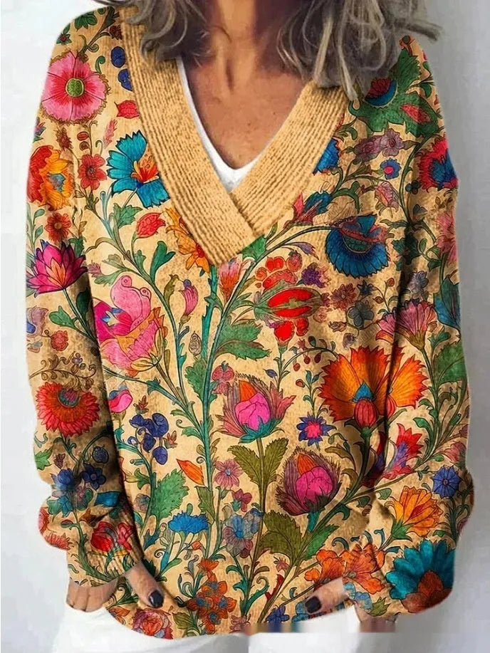 Women's V-neck floral print sweatshirt with 3D effect and long sleeves in art retro style.