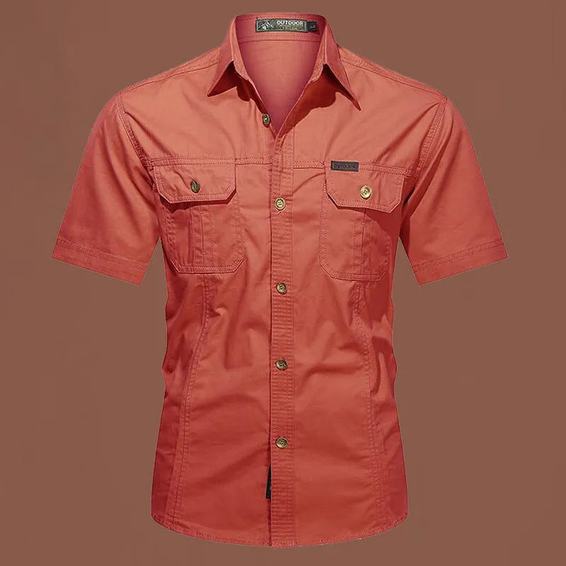 Men's army green cotton short sleeve work shirt with a loose fit and non-iron finish.