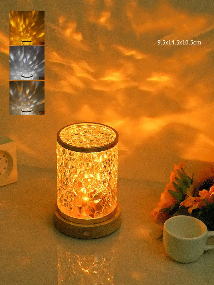 Rotating water ripple night light with acrylic dome on solid wood base for bedroom