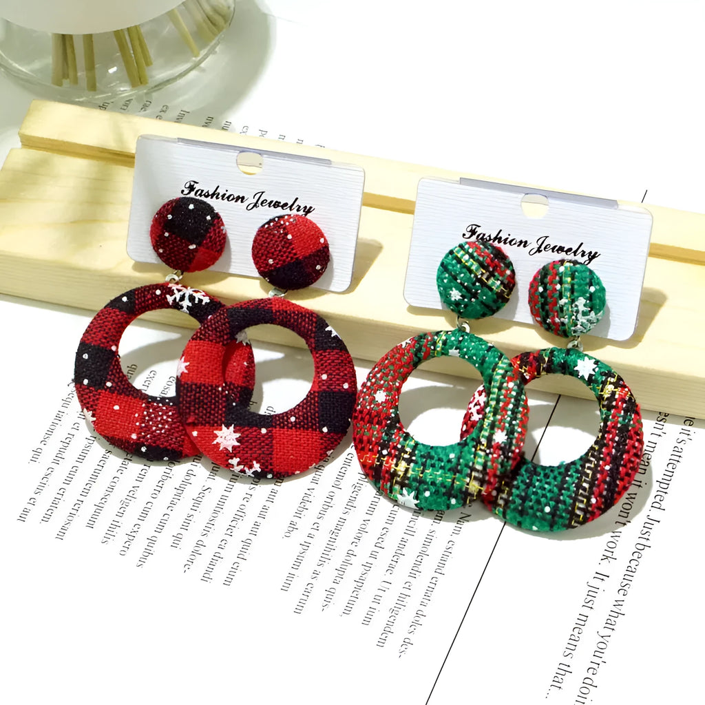 Women's cloth geometric round Christmas earrings with snowflake design, 4cm diameter