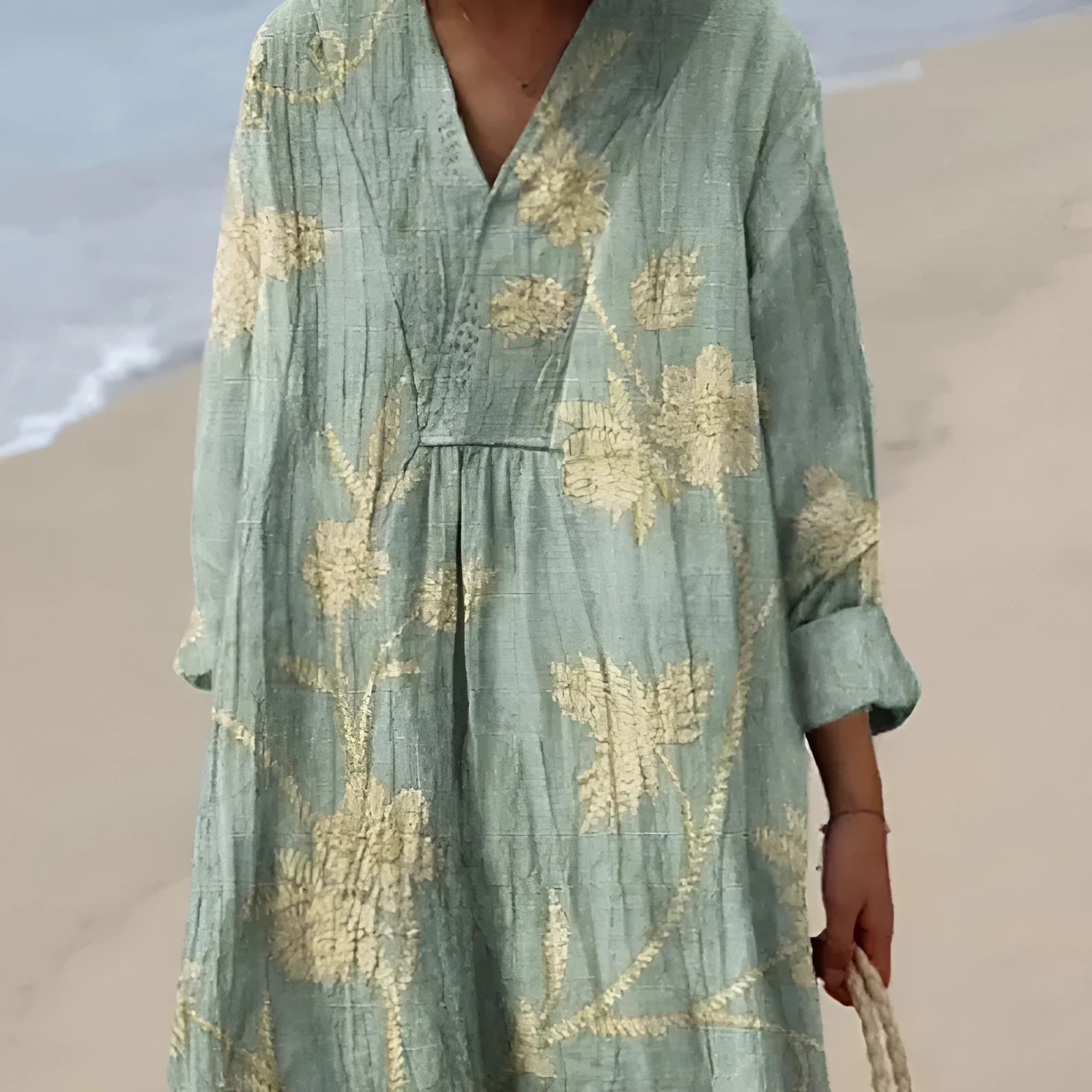 Long sleeve shirt dress with 3D floral print, wide waist, and princess skirt silhouette.