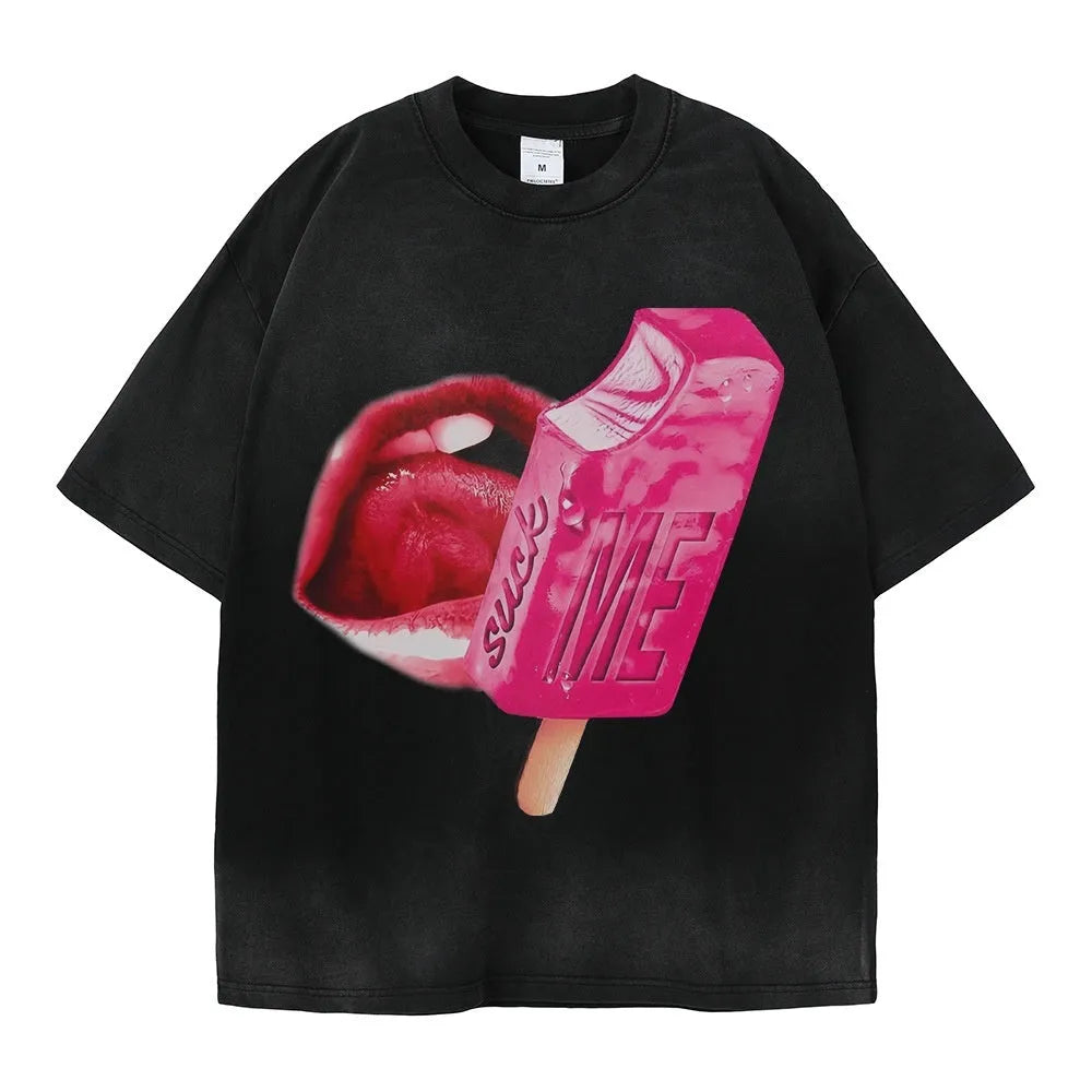 A loose-fitting heavy washed cotton t-shirt with a cartoon print, shown in a selection of available colours.