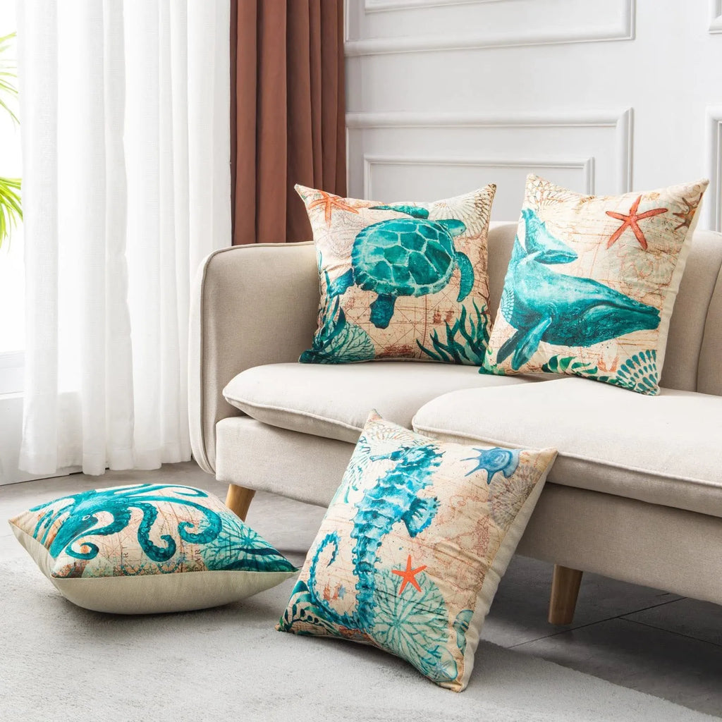 Linen cushion cover sea turtle printed pattern 45x45cm with invisible zipper