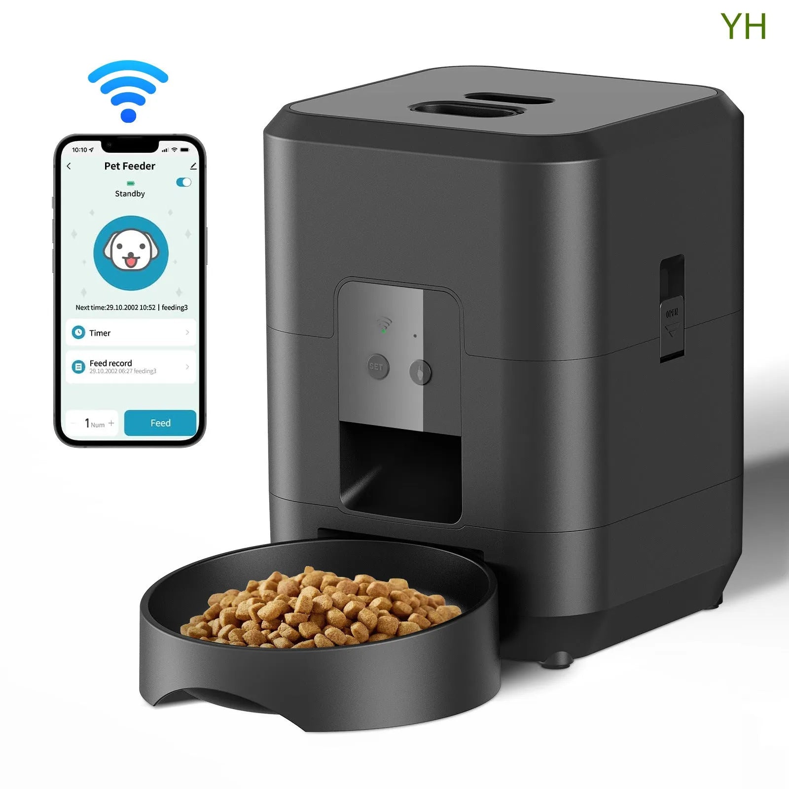 Pet automatic feeder for cats with remote control options and multiple international power supply standards