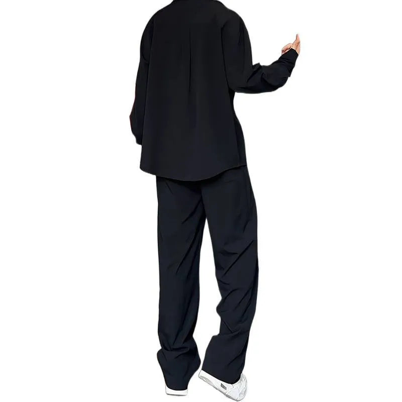Men's apricot-coloured hemp-blend polo shirt and trousers two-piece casual suit on a hanger.