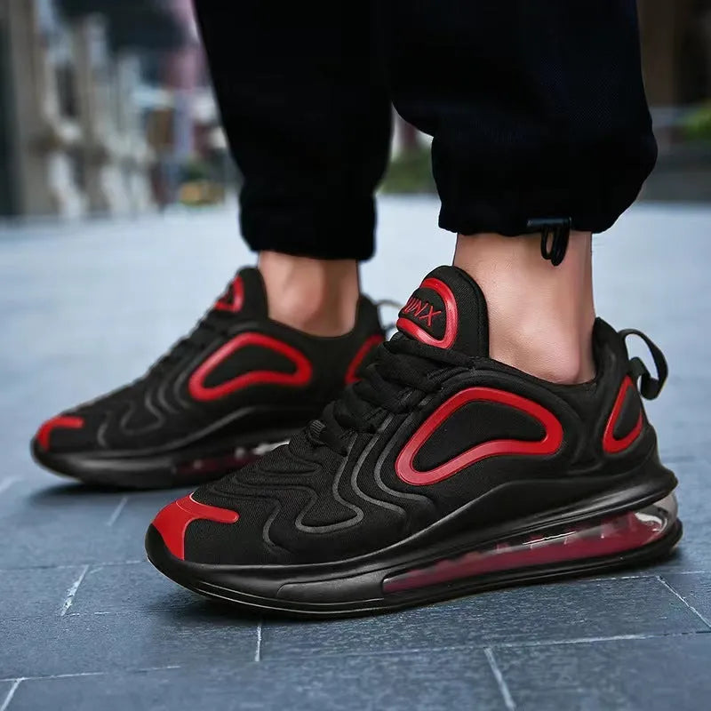 Men's black casual sneakers with lace-up front, thick sole, and round toe for running and outdoor sports.