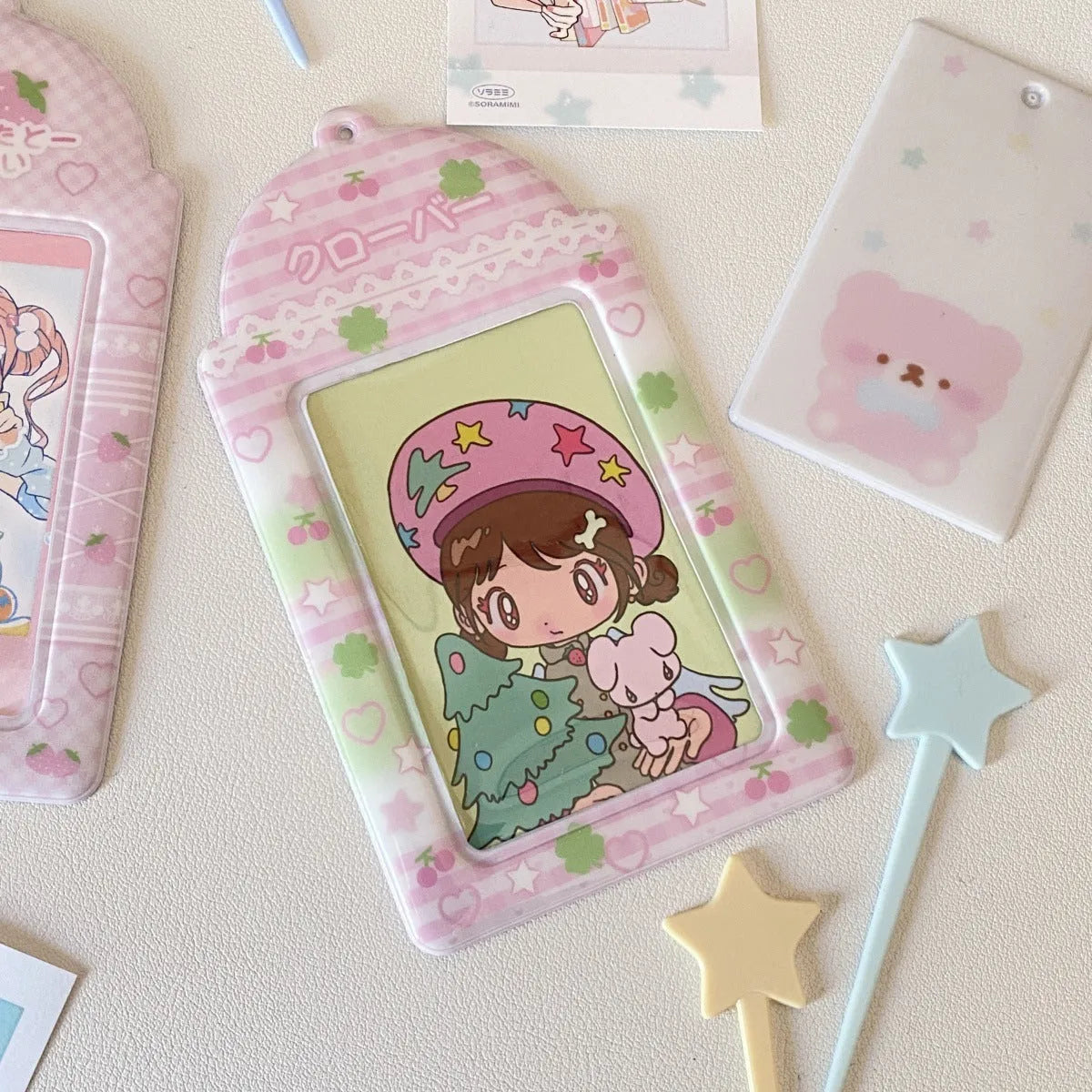 Cartoon Strawberry style PVC meal card holder pendant with clear card sleeve