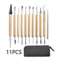 11-piece clay pottery tool set with wooden handles and stainless steel blades