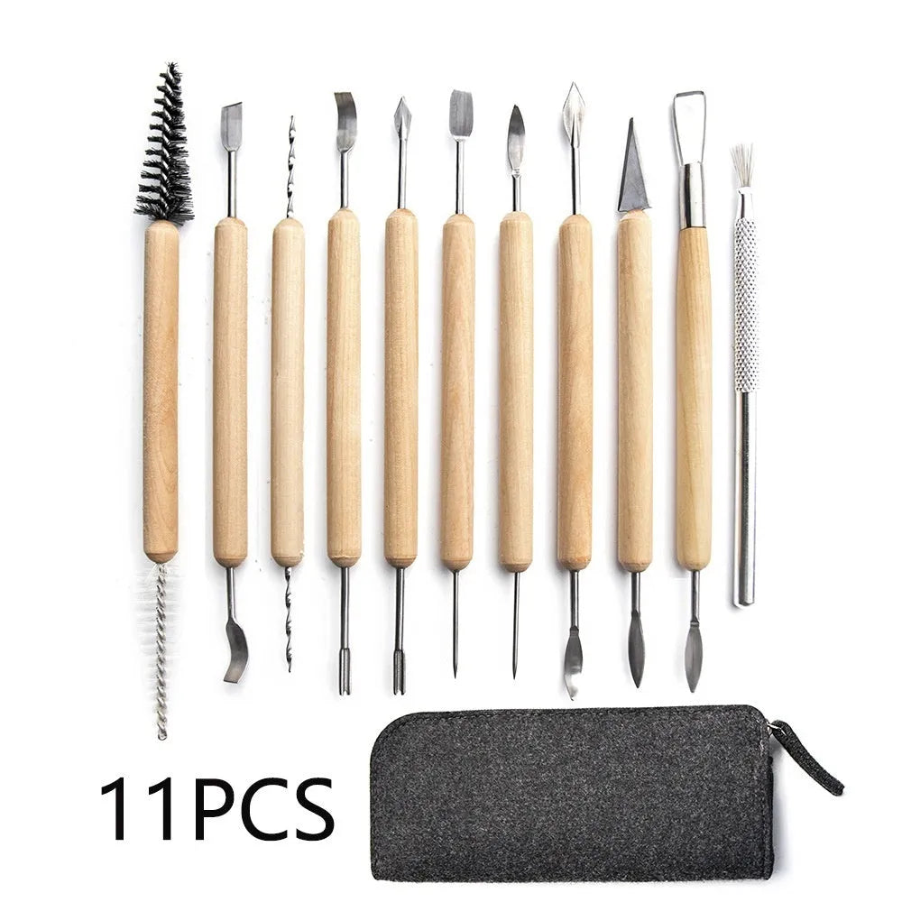 11-piece clay pottery tool set with wooden handles and stainless steel blades