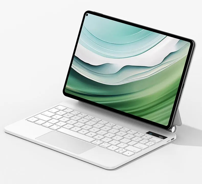 Black wireless keyboard cover attached to Huawei MatePad tablet showing magnetic connection