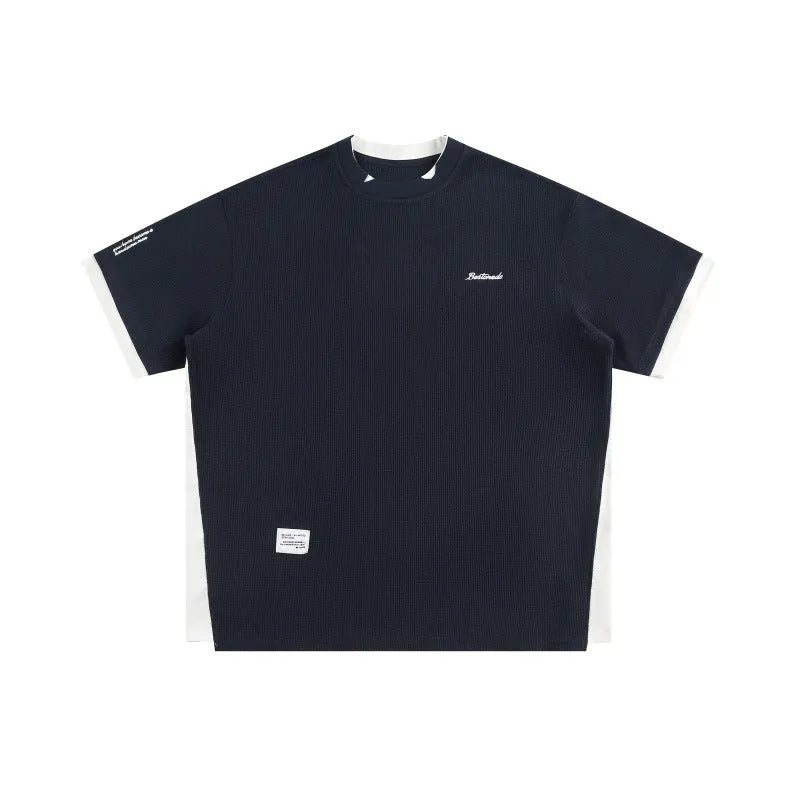 Retro alphabet embroidered loose fit t-shirt in navy blue with fake two-piece design