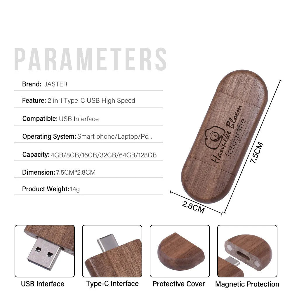 Maple box carved wooden USB flash drive showing both TYPE-C and standard USB connectors